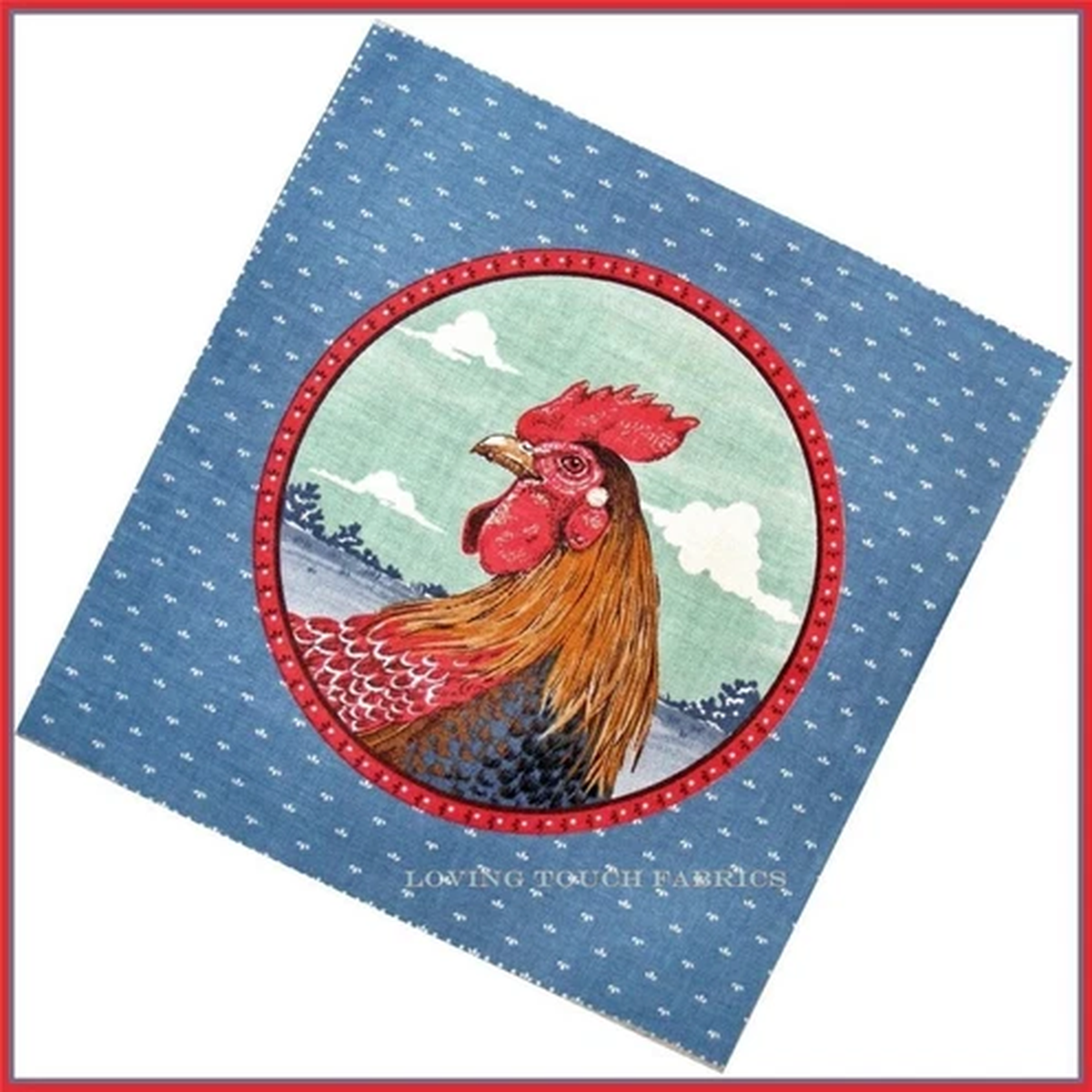 (FOUR) RARE CRANSTON FARM ANIMALS ROOSTER FABRIC PANELS 9" X 9" EA. #A BLUE
