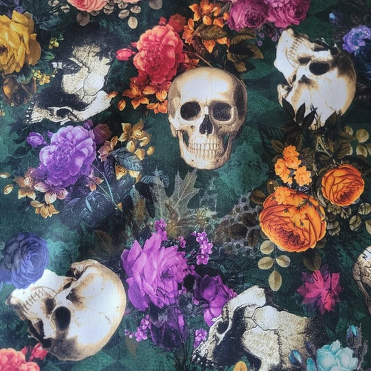 'Dreadful Delights' Skulls & Roses on Dark Green from Kaufman - Quilts/Garments
