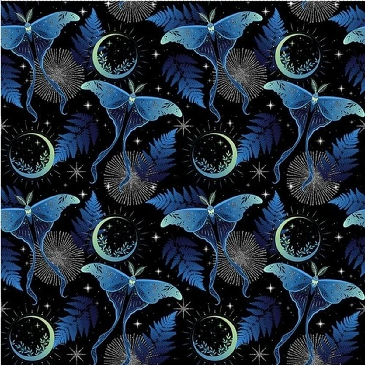 "La Luna" Blue/Silver Lunar Moths & Moons Fabric-100% CottonBTYFast Ship!