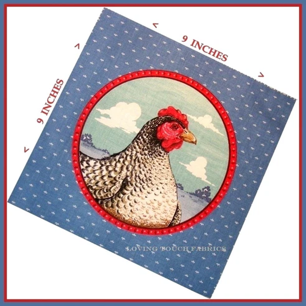 (FOUR) RARE CRANSTON FARM ANIMALS CHICKEN FABRIC PANELS 9" X 9" EA. #A BLUE