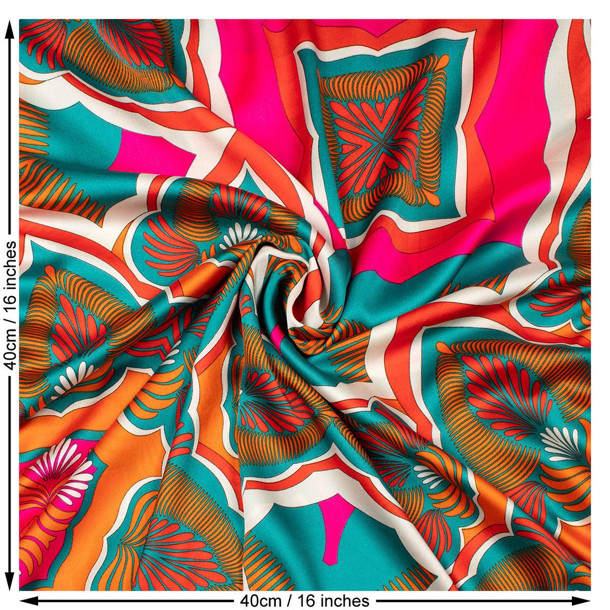 Abstract Print Polyester Woven Fabric. Teal and Pumpkin.