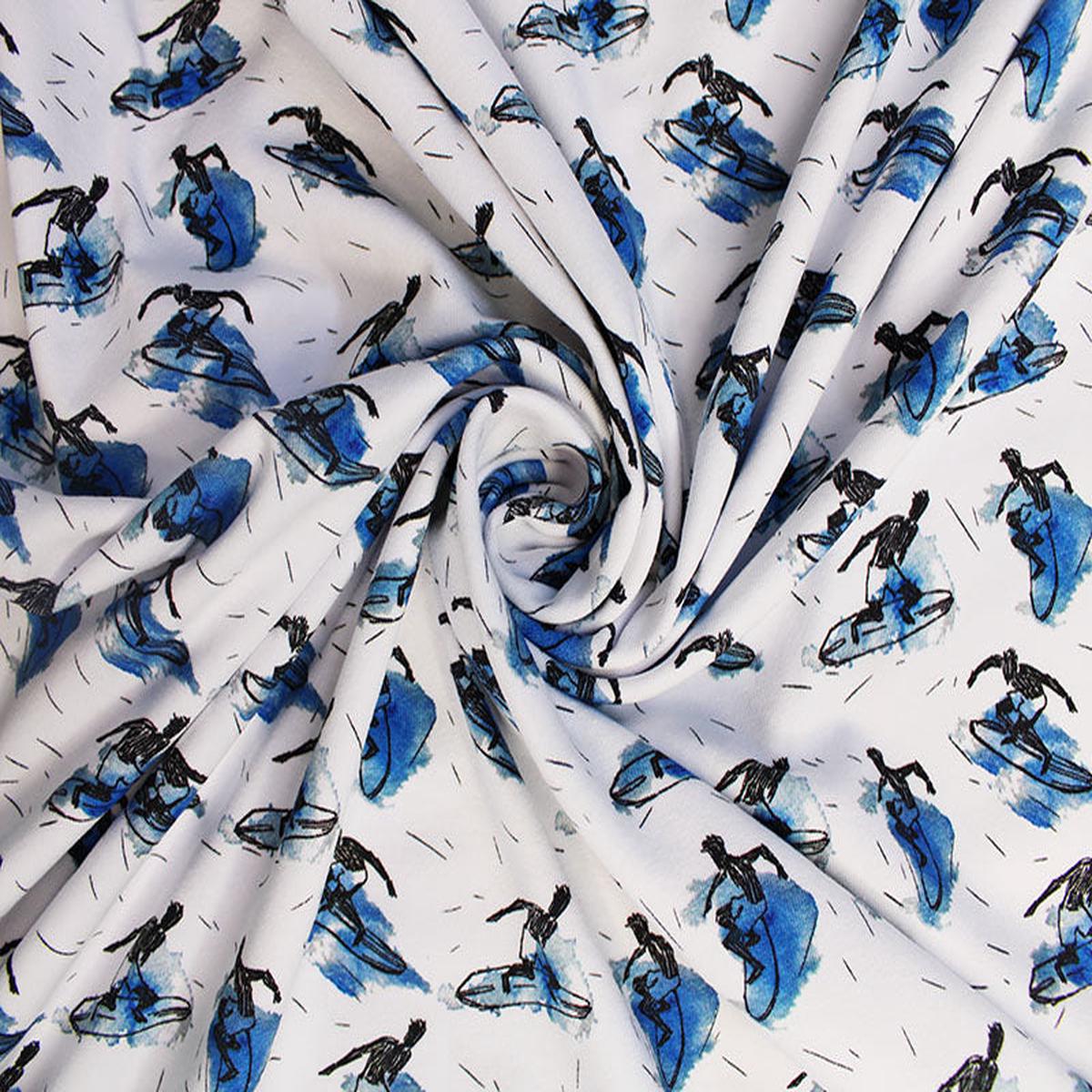 Surfer blue white stretch 95% cotton jersey knit fabric. Per half metre