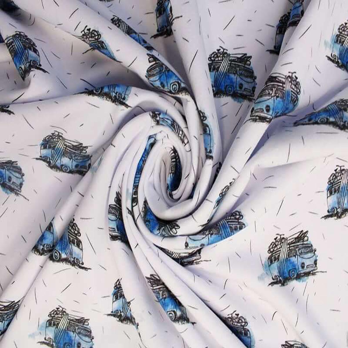 Camper campervan blue white cotton stretch jersey knit fabric. 87cm roll end