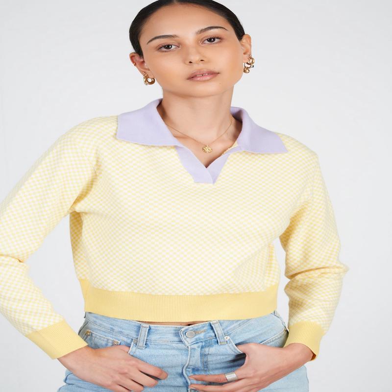 Yellow box check contrast collar jumper
