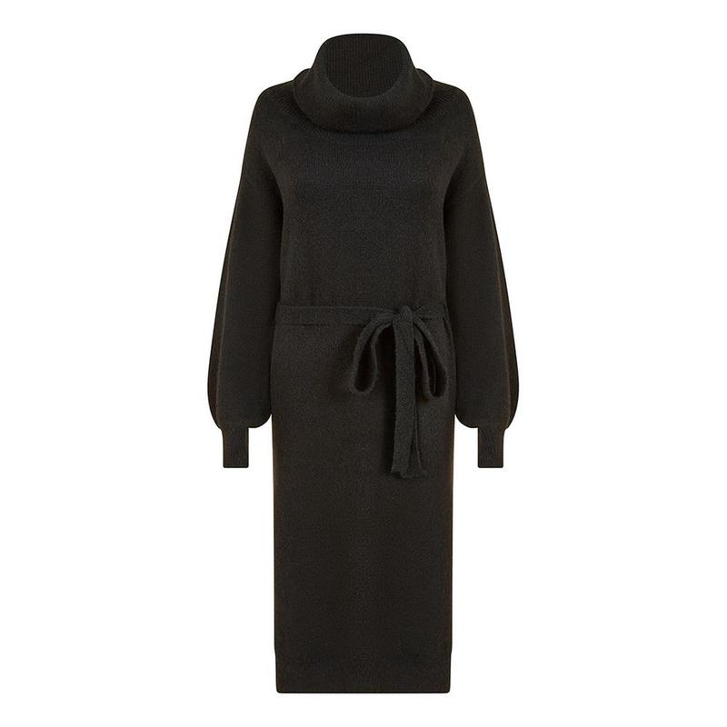 Yumi Black Roll Neck Knitted Jumper Dress With Belt