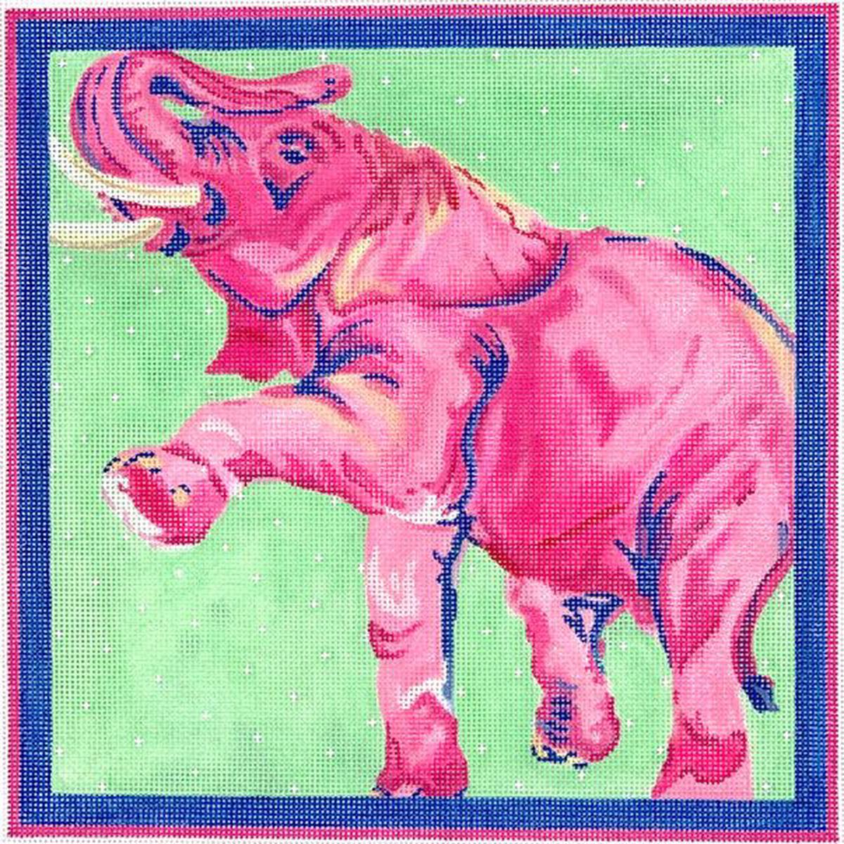 Kate Dickerson Needlepoint Collections Megan Carn Fuchsia Prancing Elephant In Light Green Pinks Blues & Greens Needlepoint Canvas